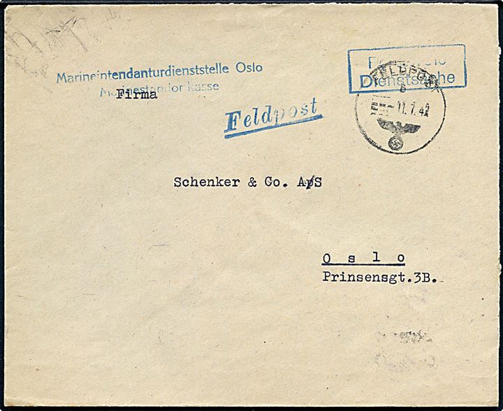 Ufrankeret tjenestebrev fra Marineindendanturdienststelle Oslo med rammestempel Portofreie Dienstsache og tysk feltpoststempel Feldpost d. 11.7.1942 til Oslo.