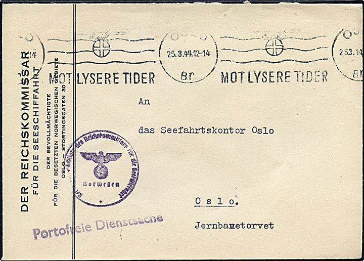 Ufrankeret fortrykt kuvert fra Der Reichskommissar für die Seeschiffahrt sendt lokalt som portofri tjenestebrev med TMS Mot lysere Tider/Oslo d. 25.3.1944.