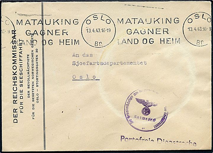 Ufrankeret fortrykt kuvert fra Der Reichskommissar für die Seeschiffahrt sendt lokalt som portofri tjenestebrev med TMS Matauking gagner land og heim/Oslo d. 13.4.1943.