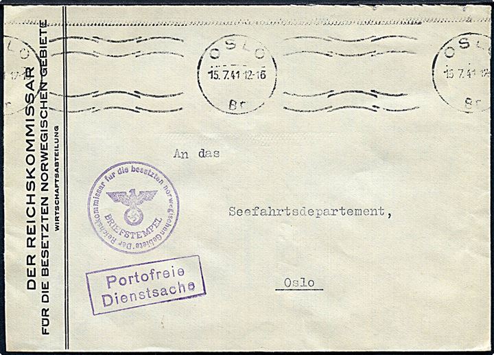 Ufrankeret fortrykt kuvert fra Der Reichskommissar für die besetzten norwegischen Gebiete med briefstempel sendt som lokal protofri tjenestepost i Oslo d. 15.7.1941.