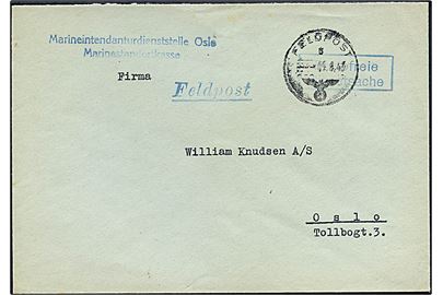 Ufrankeret tjenestebrev fra Marineindendanturdienststelle Oslo med rammestempel Portofreie Dienstsache og tysk feltpoststempel Feldpost d. 4.8.1943 til Oslo.