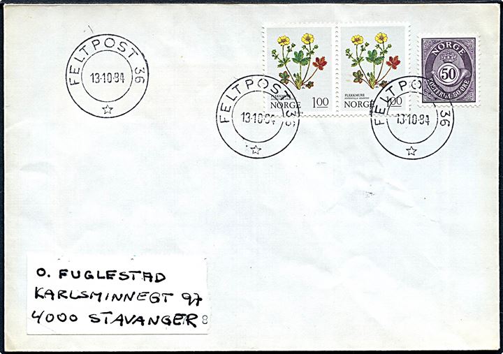 2,50 kr. blandingsfrankeret brev annulleret Feltpost 36 d. 13.10.1984 til Stavanger. Stempel benyttet under manøvre i perioden 8.-16.10.1984.