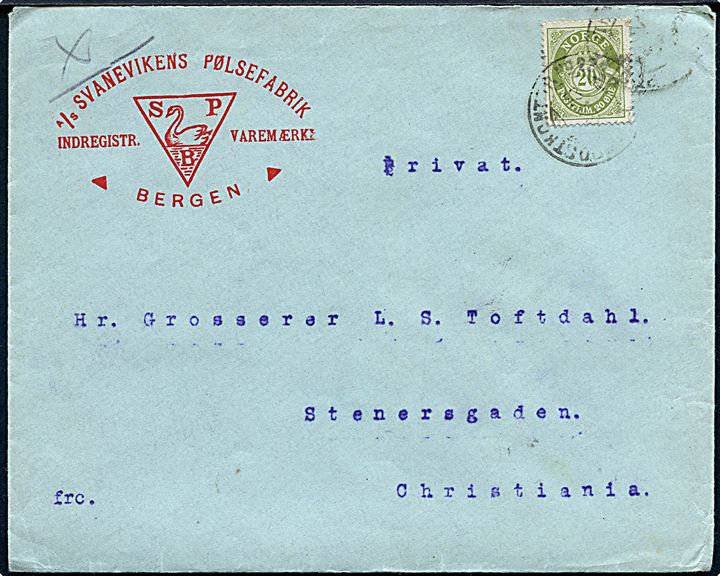 20 øre Posthorn på firmakuvert fra Bergen annulleret med uldent stempel Feltpostkontor No. 23 d. x.2.1923 til Christiania. Stempel benyttet af Bergens Befæstninger.