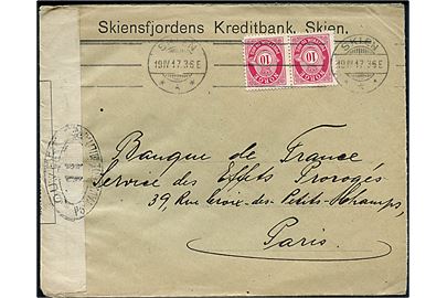 10 øre Posthorn i parstykke på brev fra Skien d. 19.4.1917 til Paris, Frankrig. Åbnet af fransk censur no. 11 i Dieppe.