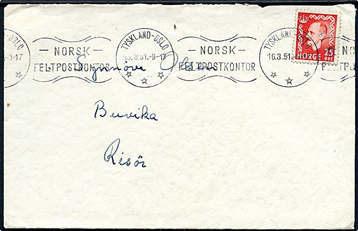 25 øre Haakon på brev annulleret med TMS Tyskland - Oslo/Norsk Feltpostkontor d. 16.3.1951 til Risør, Norge. Fra den norske brigade i Tyskland.