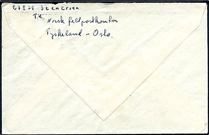 25 øre Haakon på brev annulleret med TMS Tyskland - Oslo/Norsk Feltpostkontor d. 16.3.1951 til Risør, Norge. Fra den norske brigade i Tyskland.