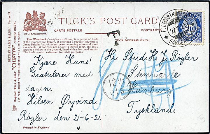 20 øre Posthorn på underfrankeret brevkort annulleret Feltpostkontoret Gardermoen d. 22.6.1921 til Hamburg, Tyskland. Udtakseret i 80 pfg. tysk porto.