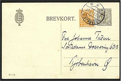 8 øre Chr. X helsagsbrevkort (fabr. 60-H) opfrankeret med 7 øre Chr. X fra Sparkjær d. 17.3.1921 til København.