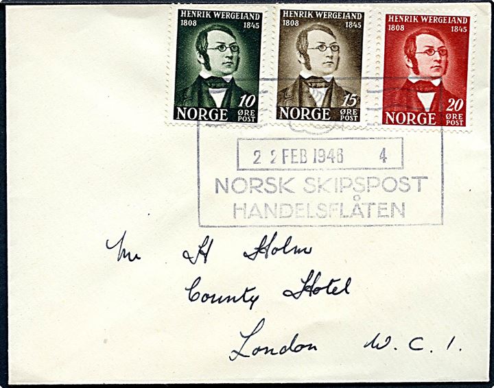 Komplet sæt Wergeland på lille brev stemplet Norsk Skipspost Handelsflåten d. 22.2.1946 til London.