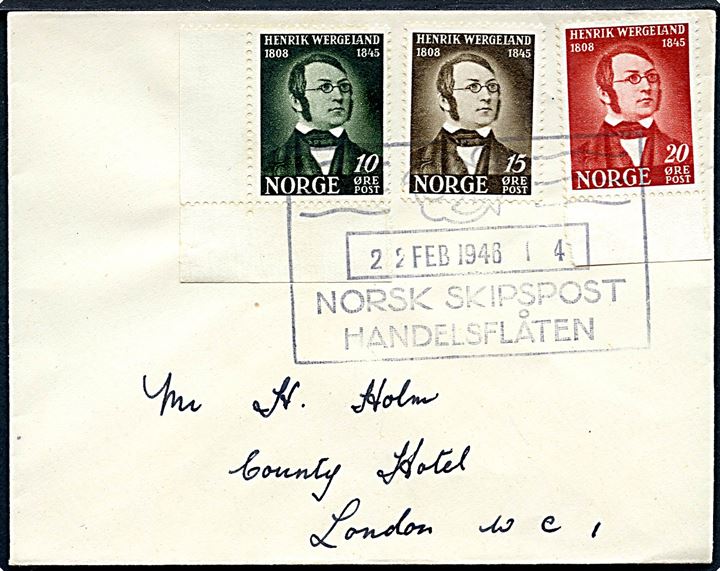 Komplet sæt Wergeland på lille brev stemplet Norsk Skipspost Handelsflåten d. 22.2.1946 til London.
