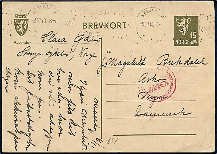 15 øre Løve helsagsbrevkort fra Stavanger d. 9.11.1943 til Askov pr. Vejen, Danmark. Tysk censur fra Oslo.