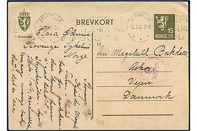 15 øre Løve helsagsbrevkort fra Stavanger d. 16.11.1943 til Askov pr. Vejen, Danmark. Tysk censur fra Oslo.