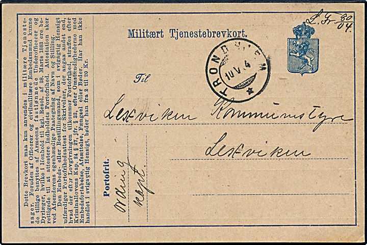 Militært Tjenestebrevkort stemplet Trondhjem d. 10.5.1904 til Lexviken.