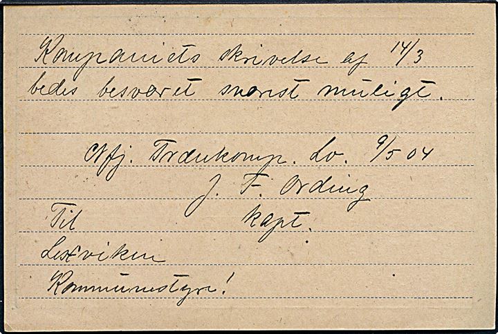 Militært Tjenestebrevkort stemplet Trondhjem d. 10.5.1904 til Lexviken.