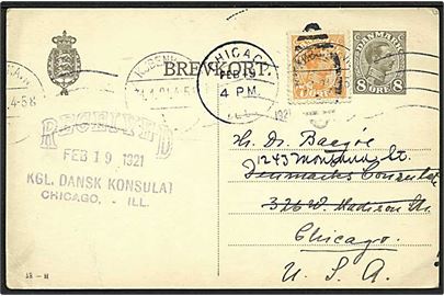 8 øre Chr. X helsagsbrevkort (fabr. 58-H) opfrankeret med 7 øre Chr. X fra Kjøbenhavn d. 31.1.1921 til danske konsulat i Chicago, USA.