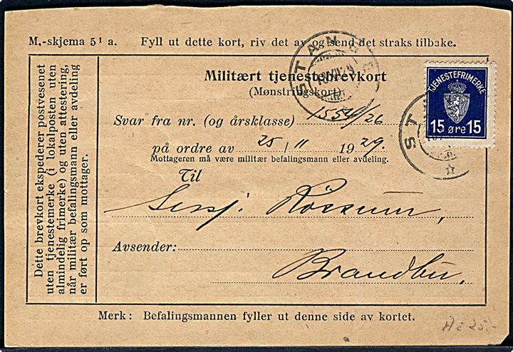 15 øre Tjenestemærke på spørgedel af dobbelt Militært tjenstebrevkort (Mønstringskort) fra Stange d. 18.12.1929 til Brandbu.