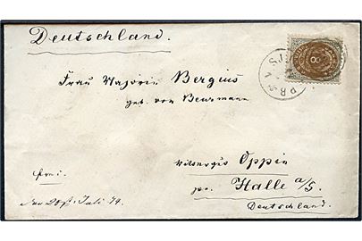 8 sk. Tofarvet på brev annulleret med kombineret nr.stempel 181/Sjæll. JBP. d. 17.7.1874 til Halle, Tyskland. AFA 2200,-