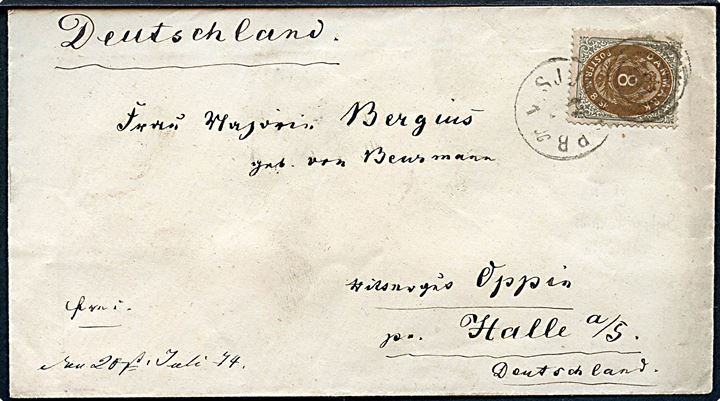 8 sk. Tofarvet på brev annulleret med kombineret nr.stempel 181/Sjæll. JBP. d. 17.7.1874 til Halle, Tyskland. AFA 2200,-