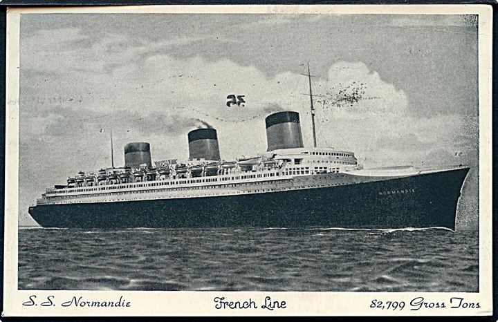 40 c. på brevkort (S/S Normandie, French Line) annulleret med maskin skibsstempel Le Havre a New York d. 22.11.1936 til Paris. Privat samler stempel.