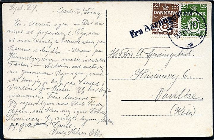 5 øre og 10 øre Bølgelinie på brevkort fra Aarhus annulleret Kjøbenhavn d. 13.9.1924 og sidestemplet Fra Aarhus til Vanløse.