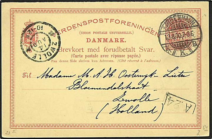 10 øre Våben dobbelt helsagsbrevkort fra Kjøbenhavn d. 13.8.1900 til Zwolle, Holland. Vedhængende ubenyttet svardel.