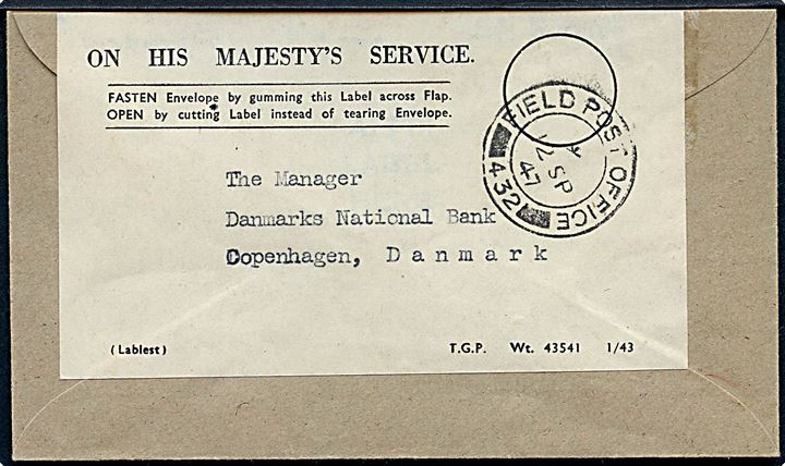 Britisk O.H.M.S. kuvert stemplet Field Post Office (= Hamburg) d. 12.9.1947 til Danmarks Nationalbank, København, Danmark.