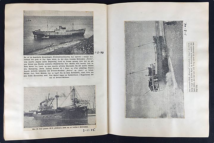 Scrapbog med avisudklip vedr. søfart fra perioden 1943-1947. Bla. omtale af strandinger og krigsforlis.
