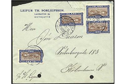 10 aur landskab (4) på brev fra Reykjavik d. 17.11.1927 til København, Danmark. Påskrevet: Pr. S/S Lyra. To arkivhuller.