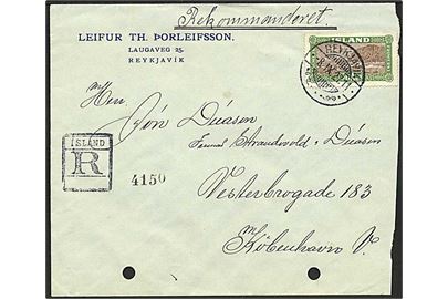 50 aur Landskab single på anbefalet brev fra Reykjavik d. 8.9.1927 til København, Danmark.