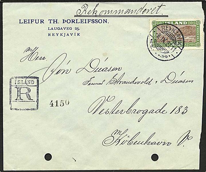 50 aur Landskab single på anbefalet brev fra Reykjavik d. 8.9.1927 til København, Danmark.
