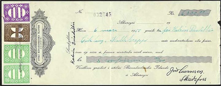 1,25 kr. Hannes Hafstein single på indenrigsbrev fra Akureyri d. 26.2.1955. Indlagt anvisning med 40 aur, 2 kr. (par) og 10 kr. Stempelmærker.