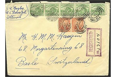 9 cents Washington (2) og 1 cent Chicago Udstilling (5) på anbefalet brev fra Rockford d. 14.7.1933 til Basel, Schweiz.
