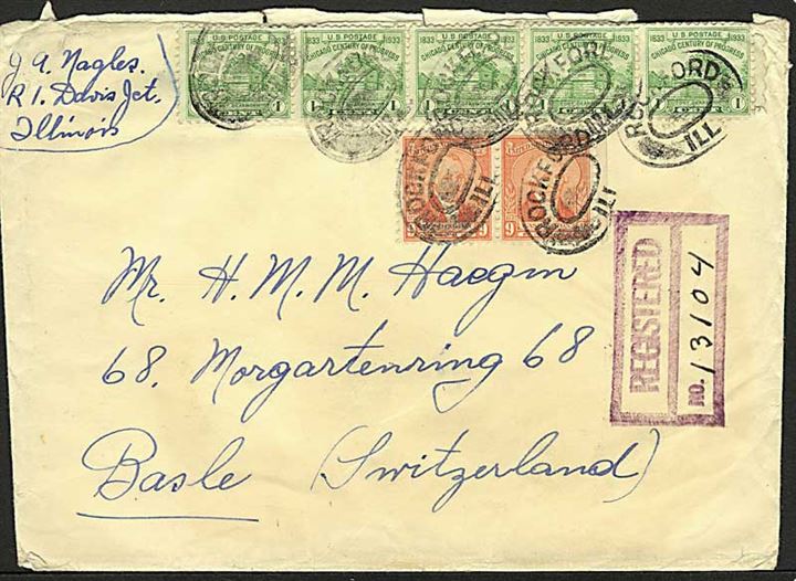 9 cents Washington (2) og 1 cent Chicago Udstilling (5) på anbefalet brev fra Rockford d. 14.7.1933 til Basel, Schweiz.