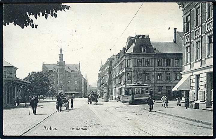 Aarhus. Østbanetorv med sporvogn og Hotel Østbane. H. B. u/no. 