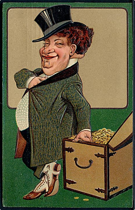 Mand står ved kiste fyldt med guldmønter. Prægekort. P. F. B. serie 7948. 