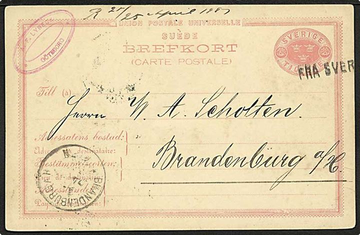10 öre helsagsbrevkort fra Göteborg d. 22.4.1887 annulleret med dansk skibsstempel Fra Sverrig i Frederikshavn til Braunschweig, Tyskland.