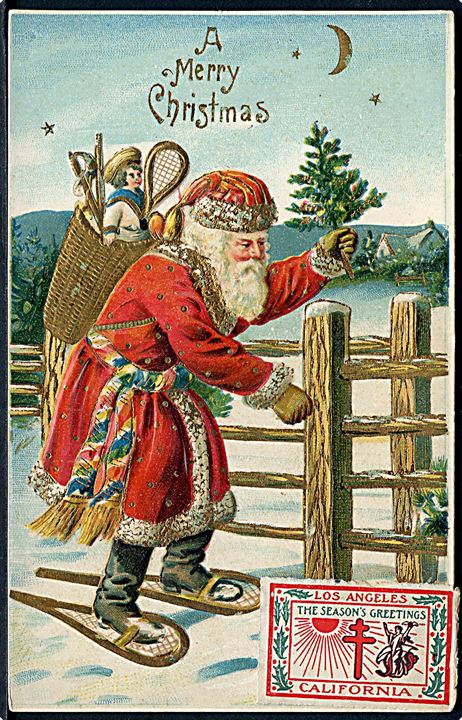A Merry Christmas. Julemand iført rød kåbe ved låge. Guldtryk. No. 185. 