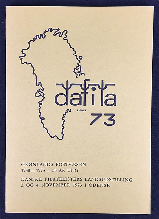 Dafila 73. Udstillingskatalog fra Odense 1973. 96 sider med artikler om bl.a. Odense stempler og grønlandske frimærker.