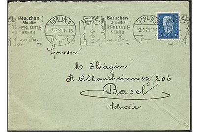 25 pfg. Hindenburg på brev fra Berlin d. 3.8.1929 til Basel, Schweiz. Annulleret med TMS for Reklameudstilling i Berlin.