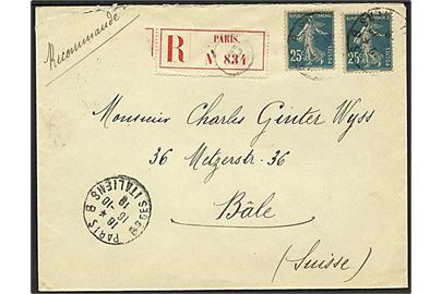 25 c. Såerske (2) på anbefalet brev fra Paris d. 16.10.1919 til Basel, Schweiz.