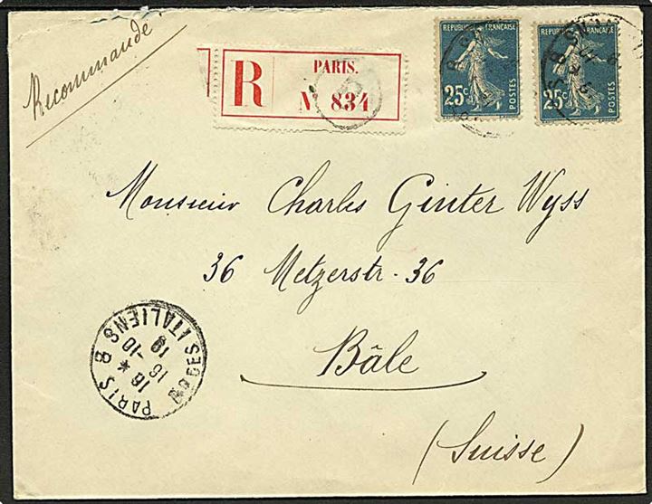 25 c. Såerske (2) på anbefalet brev fra Paris d. 16.10.1919 til Basel, Schweiz.