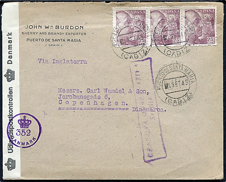 25 cts. Franco (3) på brev fra Puerto de Santa Maria d. 1.9.1945 til København, Danmark. Lokal spansk censur fra Sevilla og åbnet af dansk efterkrigscensur (krone)/352/Danmark.