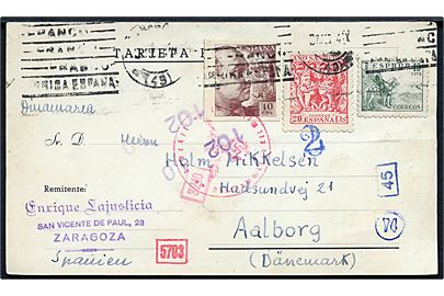 10 cts. Franco utakket, 15 cts. Rytter og 20 cts. Ano Santo 1943 på brevkort fra Zaragoza d. 6.11.1944 til Aalborg, Danmark. Spansk og tysk censur.