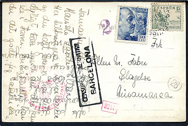 15 cts. Rytter og 30 cts. Franco på brevkort fra Palafrugell 1942 til Slagelse, Danmark. Spansk censur fra Barcelona og tysk censur.