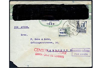 50 cts. og lokal Canarias Via Aerea 1,25 pts./10 cts. Provisorium på luftpostbrev fra St. Cruz de Tenerife d. 18.2.1938 til Hamburg, Tyskland. Lokal spansk censur fra Tenerife. 