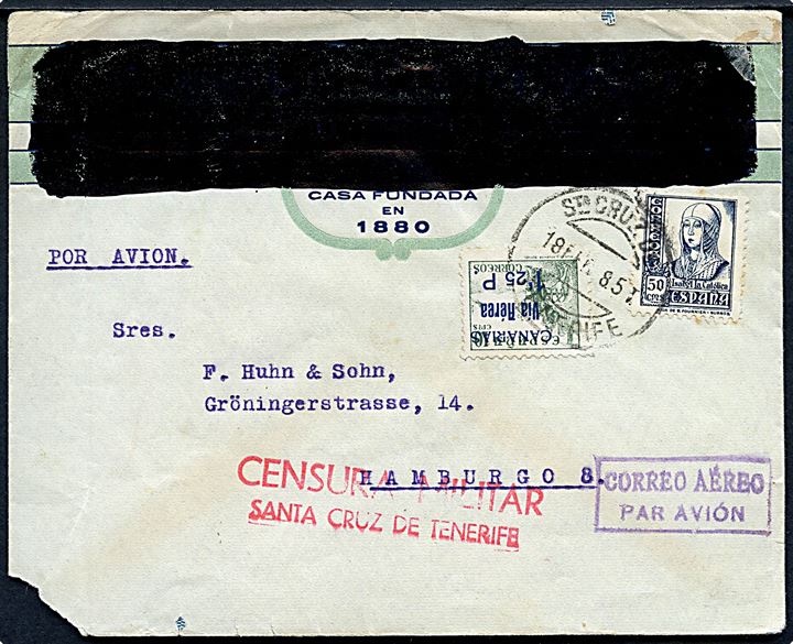 50 cts. og lokal Canarias Via Aerea 1,25 pts./10 cts. Provisorium på luftpostbrev fra St. Cruz de Tenerife d. 18.2.1938 til Hamburg, Tyskland. Lokal spansk censur fra Tenerife. 
