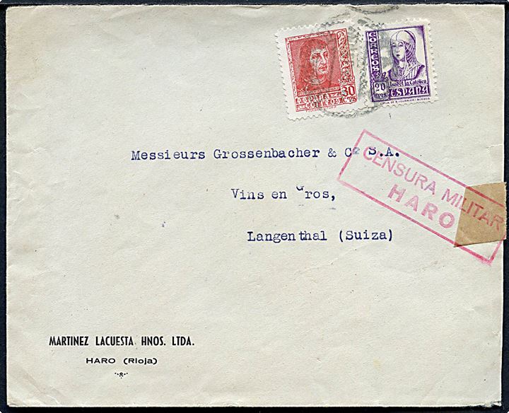 20 cts. og 30 cts. på brev fra Haro med svagt stempel til Langenthal, Schweiz. Åbnet af lokal spansk censur i Haro.