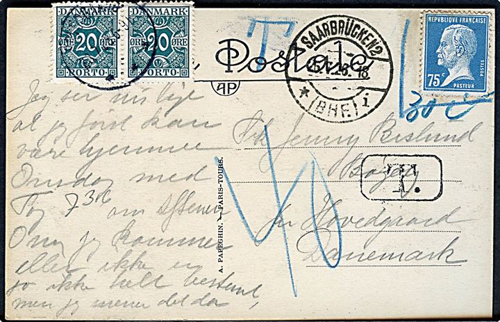 Fransk 75 c. markeret ugyldig på brevkort fra Paris postlagt i Saarbrücken d. 25.7.1926 til Hovedgaard, Danmark. Udtakseret i porto med 20 øre Portomærke i parstykke annulleret Hovedgaard d. 28.7.1926.