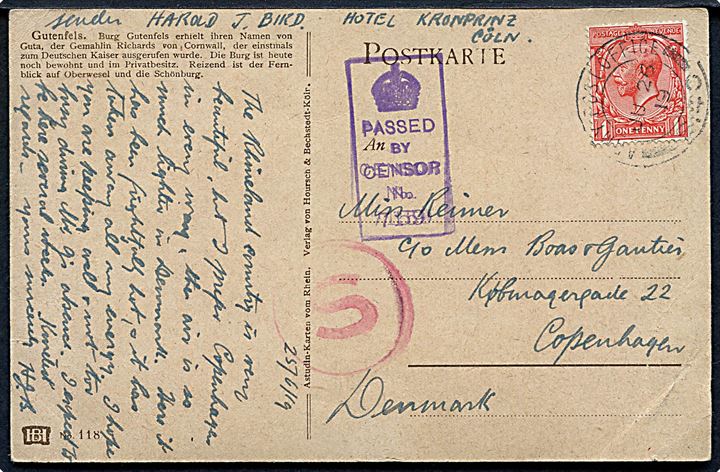 1d George V på brevkort dateret Köln annulleret med britisk feltpoststempel Army Post Office S.40 (= Köln, Tyskland) d. 26.6.1919 til København, Danmark. Violet unit censur no. 7159 og rødt stempel S som angiver at brevkortet er til et neutralt udland. Sendt fra den britiske Rhienlands besættelse.