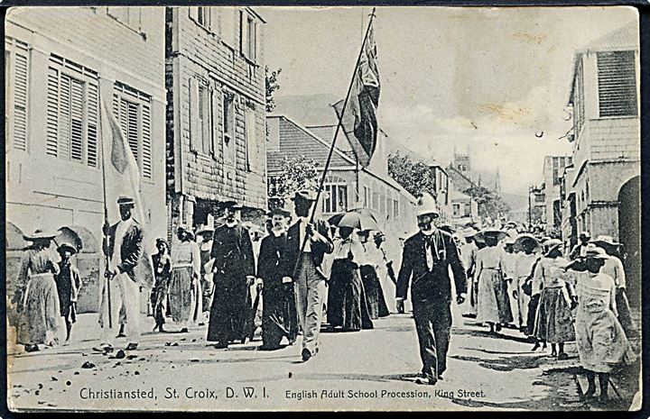 D.W.I., St. Croix, Christiansted. King Street med English Adult School Procession. J. Niles.